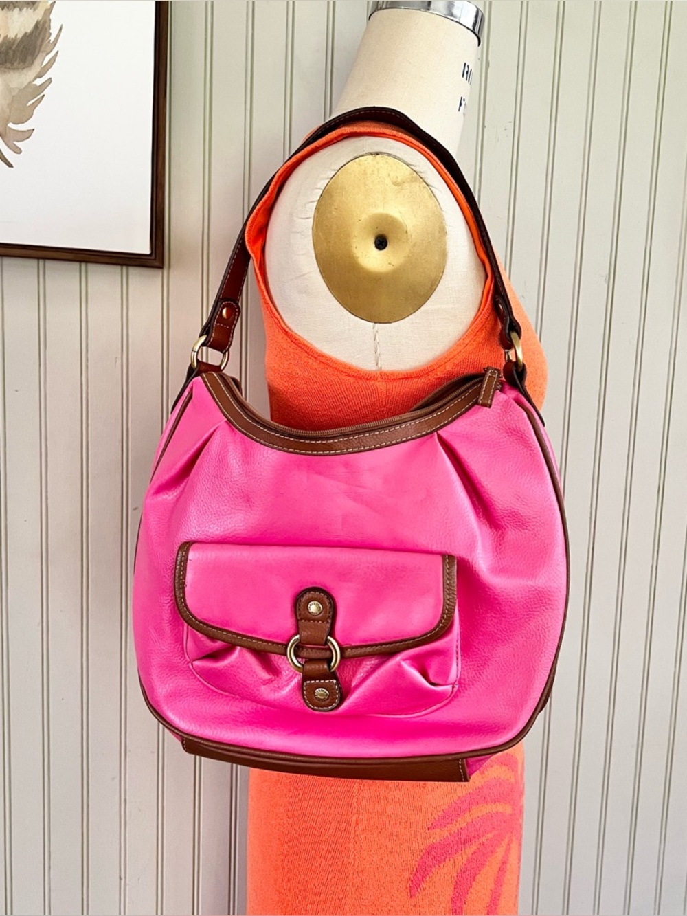 Caribbean Joe Pebbled Leather Pink Hobo Shoulder Bag Two Tone Y2K